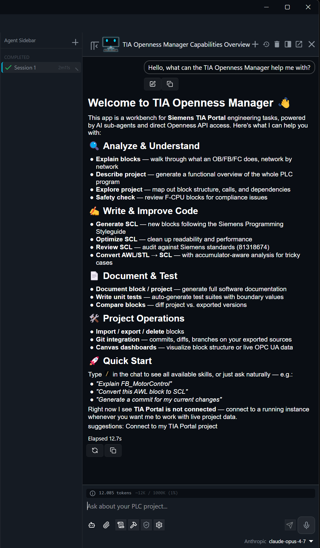 TIA Openness Manager AI Chat with multi-agent sidebar