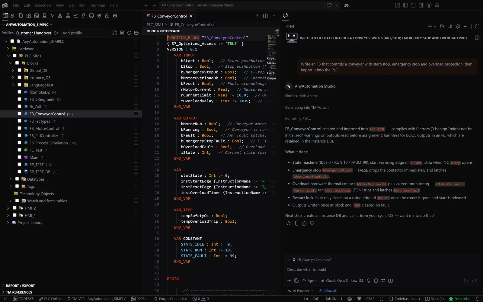 AnyAutomation Studio: AI chat working on a TIA Portal project