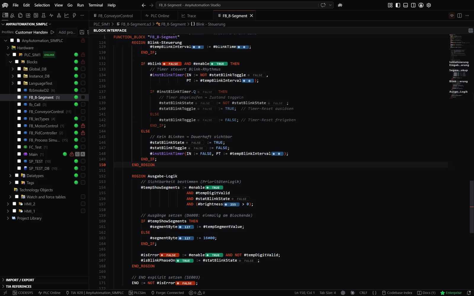 AnyAutomation Studio: live values in the SCL block editor